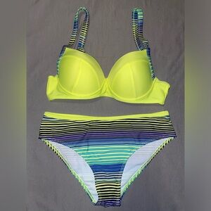 Yellow/blue/green striped bikini